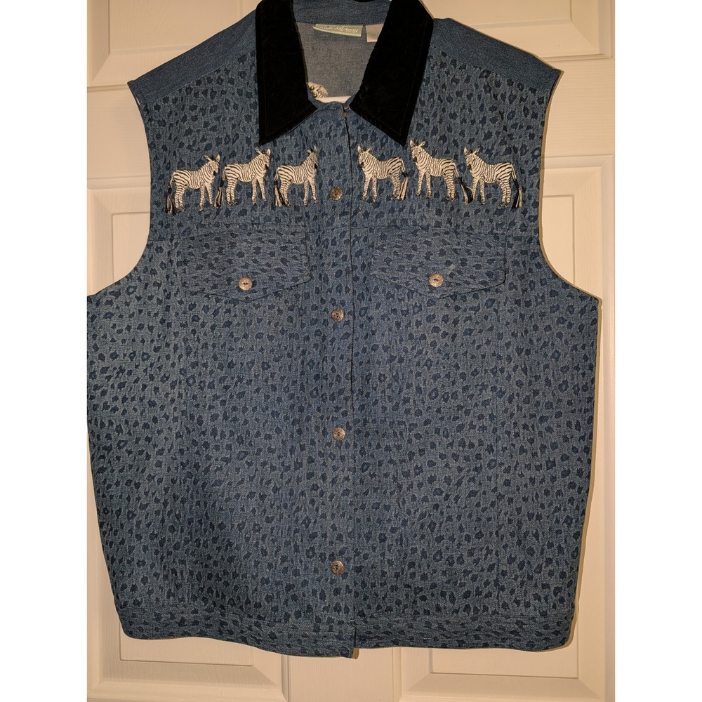 Vintage 220 Hickory Zebra Embroidered Denim Vest L Safari Western Kitschy